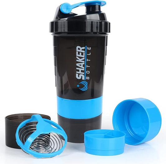 Shaker Bottle, Leak Proof Shaker Bottle for Protein Mixes,16oz 3 Layer Twist Off Cup with Pill & Supplement Storage, Gym Sports Cup for Protein Powder, Blue