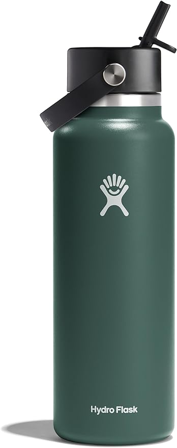 Hydro Flask Water Bottle - Insulated Stainless Steel - Wide Mouth Flex Straw Lid, Non Spill, Leakproof and Refillable in 40 Oz Fir