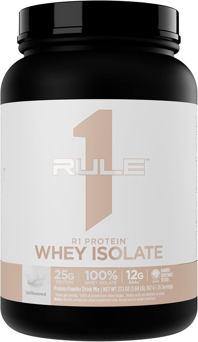 Rule 1 Naturally Flavored R1 Protein Whey Isolate - Clean Formula with 25g Protein & 6g BCAA Exclusively Isolated & Hydrolyzed Sources for Workout Recovery (1.7 Pounds*, Unflavored)