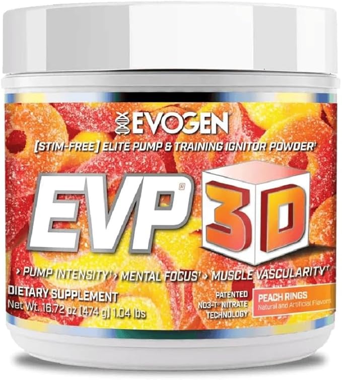 Evogen EVP-3D | Extreme Pre-Workout Pump Ignitor, Arginine Nitrate, Citrulline, Beta-Alanine, Lions Mane | Peach Rings | 40 Servings