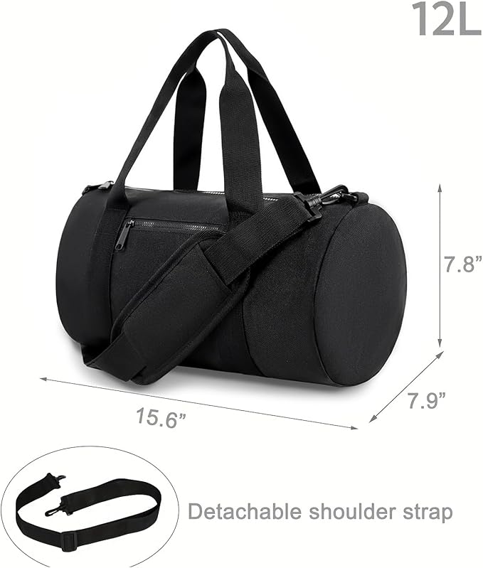 Small Gym Bag Duffel Bag for Women Men Fitness Sports Bag Workout Adjustable Detachable Shoulder Strap Lightweight Carry on Travel Duffle Bag (Black, 15" / Mini / 12L)