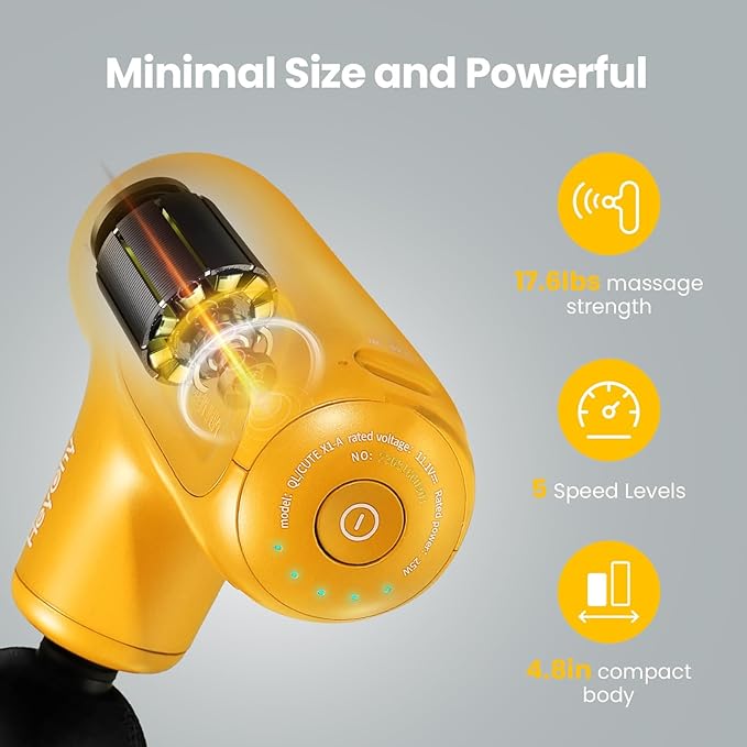 Mini Massage Gun Deep Tissue, Handheld Portable Mini Travel Size Percussion Deep Tissue Massager with 4 Attachments & 5 Speeds, Ideal Gift for Men & Women, Yellow