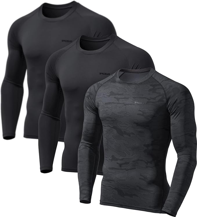 TSLA Men's UPF 50+ Compression Shirts, Cool Dry Long Sleeve Athletic Tops, Sports Baselayer Workout Shirt