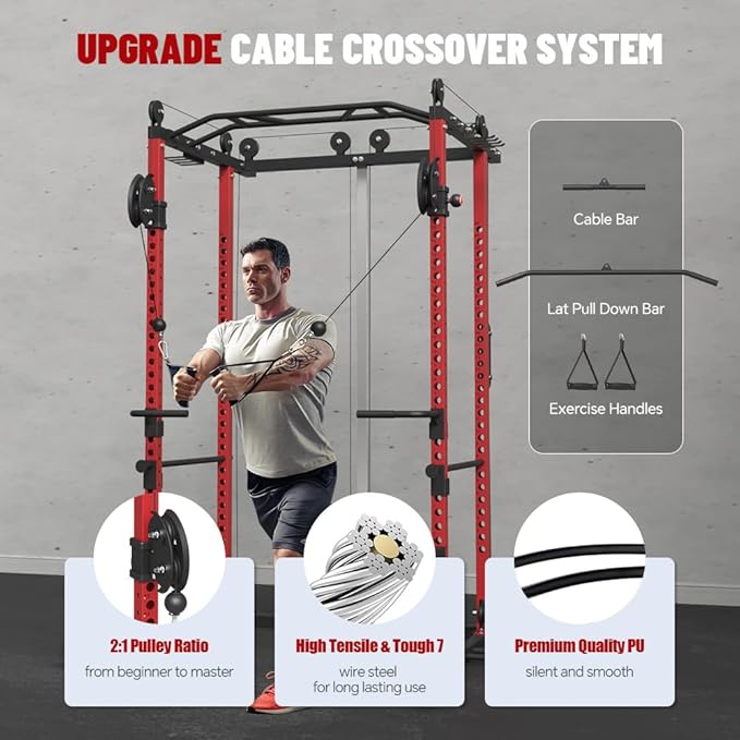 FAGUS Power Cage, Multi-Function Power Rack with LAT Pulldown, Seated Row, Cable Pulley System, J-Hooks, Dip Handles, Landmine, Squat Rack with Optional Cable Corssover, Smithe Attachment for Home Gym