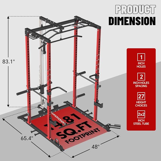 FAGUS Power Cage, Multi-Function Power Rack with LAT Pulldown, Seated Row, Cable Pulley System, J-Hooks, Dip Handles, Landmine, Squat Rack with Optional Cable Corssover, Smithe Attachment for Home Gym