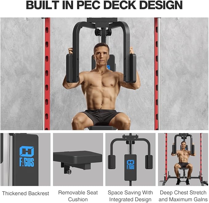 FAGUS Smith Machine Home Gym Power Cage with Pulley System, Space Saving Design Squat Rack with Full Body Strength Training Attachments, PEC Station & Fixed Cable Crossover Optional