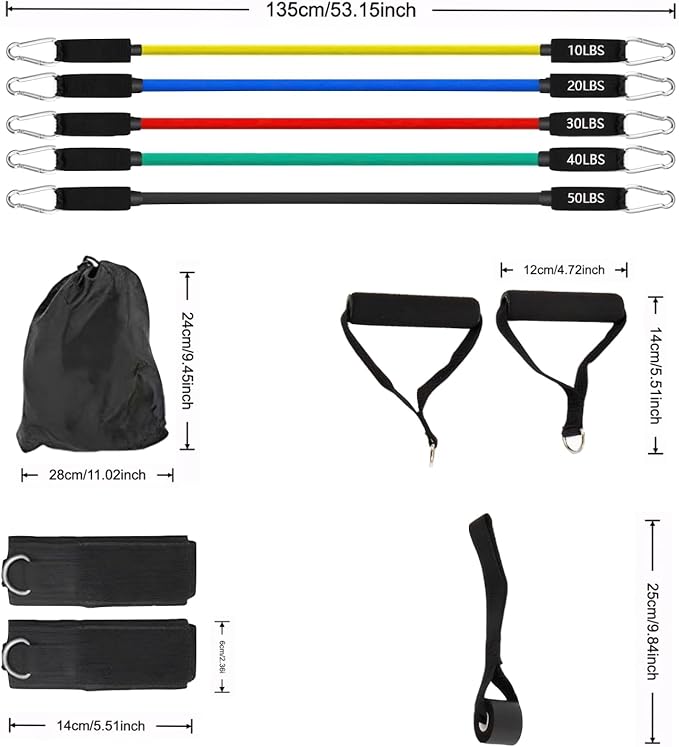 Resistance Bands Workouts Set for Men and Women with Handles - Heavy Duty 150lbs, 11 Piece Elastic Tube Kit for Gym & Home, Strength Training, Yoga, Pilates Therapy for Legs, Chest Power Systems