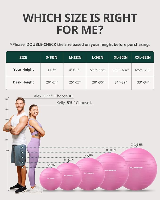 Trideer Extra Thick Yoga Ball Exercise Ball, 5 Sizes Gym Ball, Heavy Duty Ball Chair for Balance, Stability, Pregnancy, Quick Pump Included