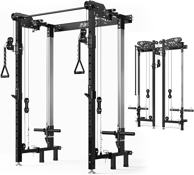 Mikolo Folding Squat Rack, Wall Mounted Power Rack with Cable Crossover Machine & LAT Pull Down, Functional Trainer with 5 Adjustable Function Modes, for Home Gym and Space Saving
