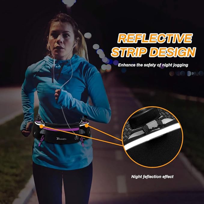 Running Belt with Water Bottles(2 x 175ML), Hydration Belt Waterproof Waist Pack Bag Fits iPhones Adjustable Sports Waist Pouch for Marathon Running Hiking Cycling, Purple