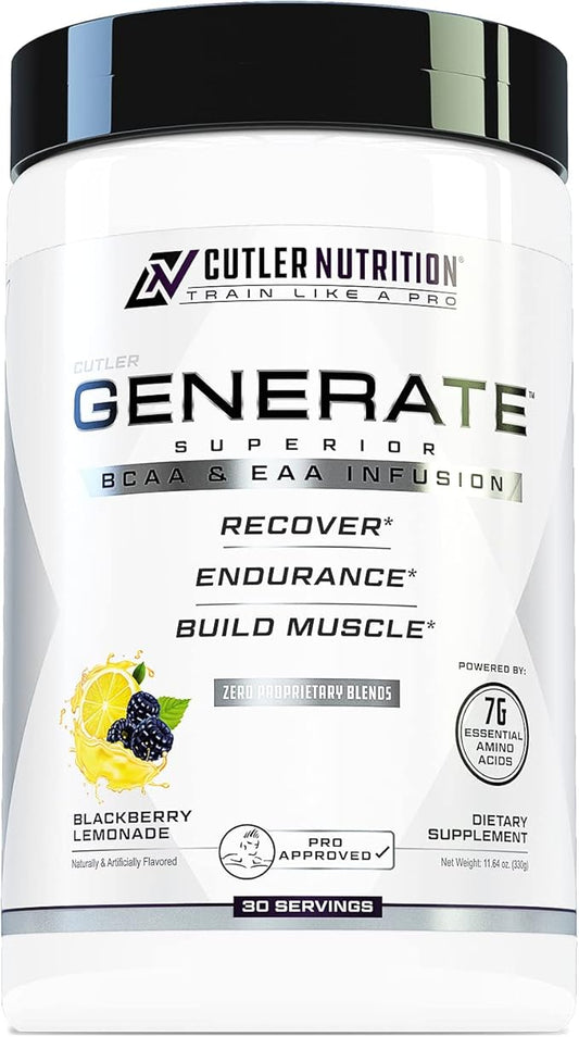 Generate EAA and BCAA Powder: Best Post Workout Recovery Drink and Branched Chain Amino Acids Supplement with Essential Amino Acids, 5g BCAAs, 2g EAAs | BlackBerry Lemonade, 30 Servings