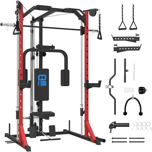 FAGUS Smith Machine Home Gym Power Cage with Pulley System, Space Saving Design Squat Rack with Full Body Strength Training Attachments, PEC Station & Fixed Cable Crossover Optional