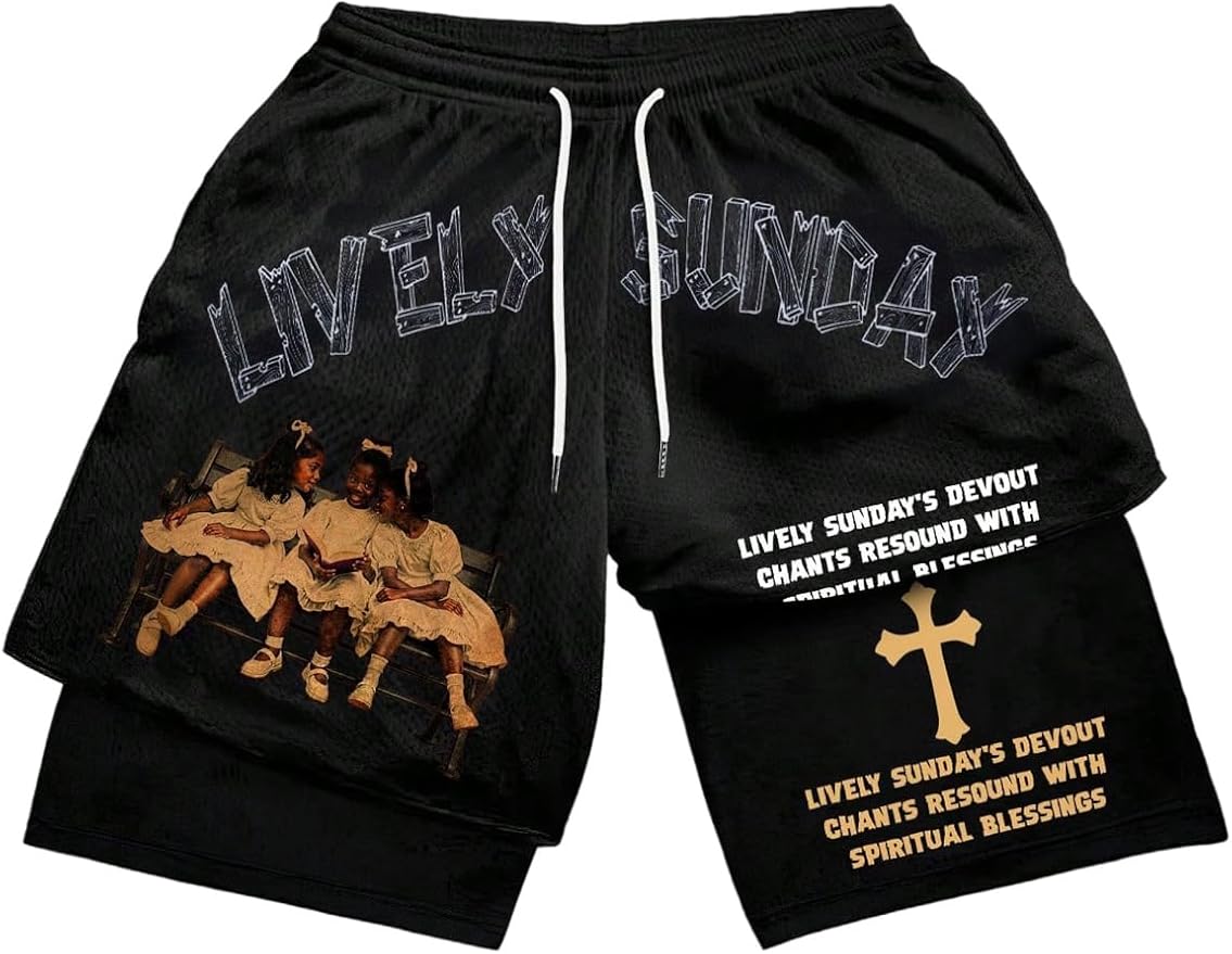 Men's Graphic Shorts with Liner Cross Print Drawstring 2 in 1 Gym Track Bottoms