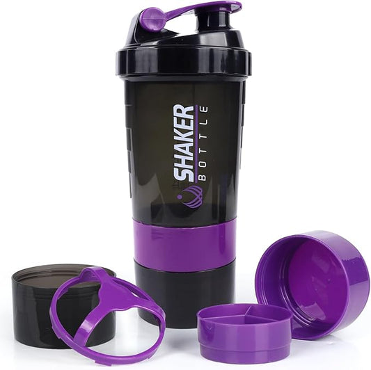 Shaker Bottle, Leak Proof Shaker Bottle for Protein Mixes,16oz 3 Layer Twist Off Cup with Pill & Supplement Storage, Gym Sports Cup for Protein Powder, Purple