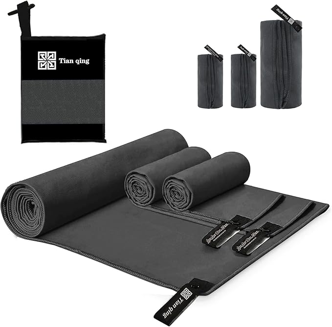 Microfiber Towel Set, 3 Pieces, Fast Drying, Soft Touch, Lightweight, Multiple Sizes for Beach, Camping, Travel,Backpacking, Gym,Sports,Yoga,Swim Use,Dark Gray
