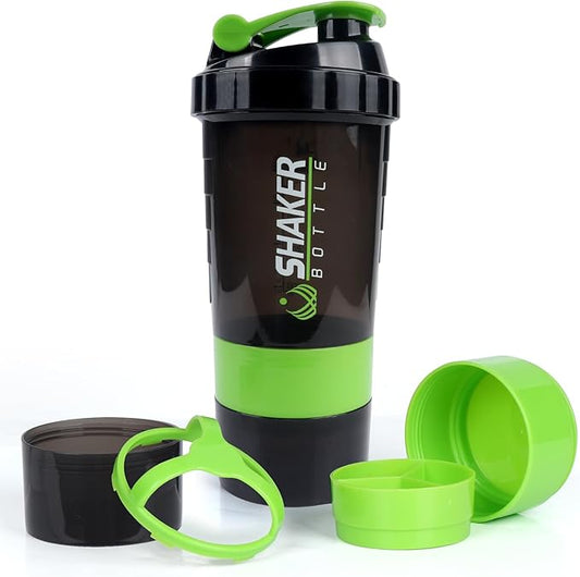 Shaker Bottle, Leak Proof Shaker Bottle for Protein Mixes,16oz 3 Layer Twist Off Cup with Pill & Supplement Storage, Gym Sports Cup for Protein Powder, Green
