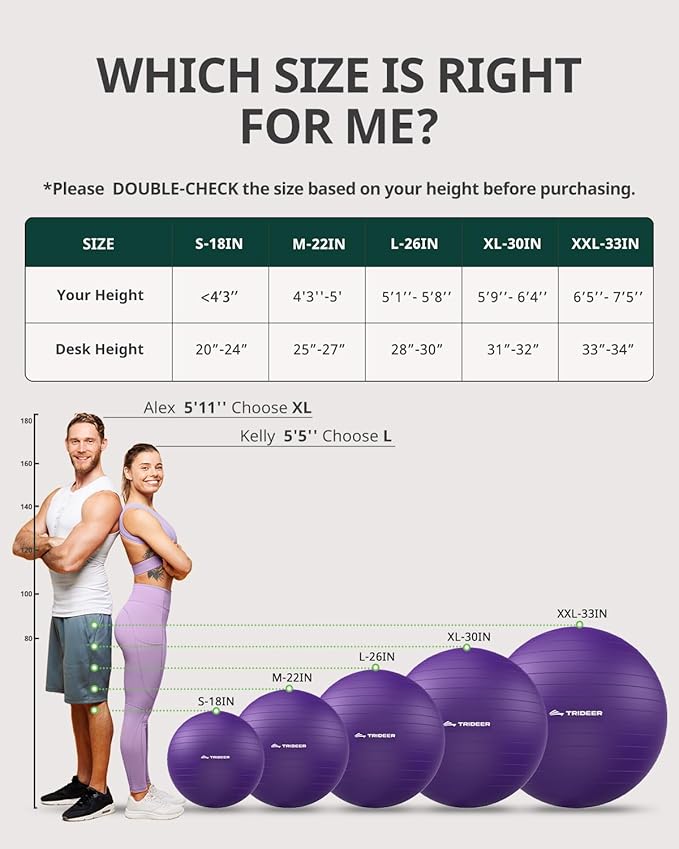 Trideer Extra Thick Yoga Ball Exercise Ball, 5 Sizes Gym Ball, Heavy Duty Ball Chair for Balance, Stability, Pregnancy, Quick Pump Included