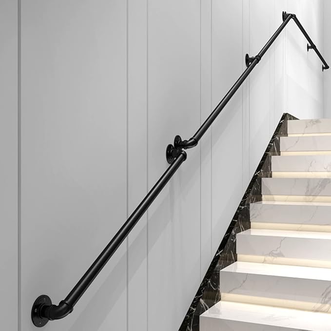 10FT Industrial Stair Railing Wall Mount Staircase Handrail φ1.3 Pipe Hand Rail for Steps Grab Bar Foot Rail Vintage Pipe Railing Black Deck Handrail for Outdoor Indoor Stairs Porch