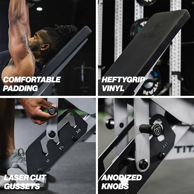 Titan Fitness TITAN Series Adjustable Bench, Supports 600 LB Incline, 1,000 LB Flat, Versatile Single Post Utility Workout Bench for Home Gym, Weightlifting, Strength Training