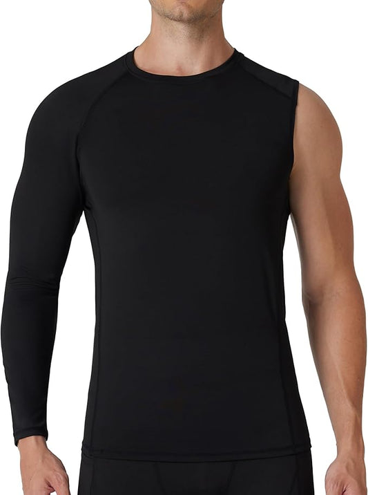 Mens One Arm Sleeve Compression Shirts 1/2 Long Sleeve Athletic Base Layer Undershirt Basketball Workout Top