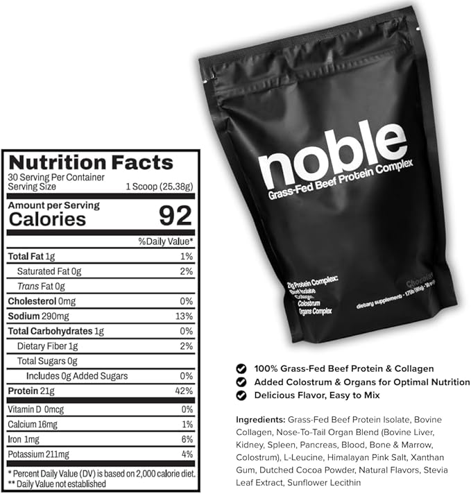 Noble All-in-One Chocolate Protein Powder, 21g Grass-Fed Beef Protein & Collagen, Colostrum & Organ Blend, Whey-Free, Seed Oil-Free, Zero-Carb, 30 Servings (1.75lbs)