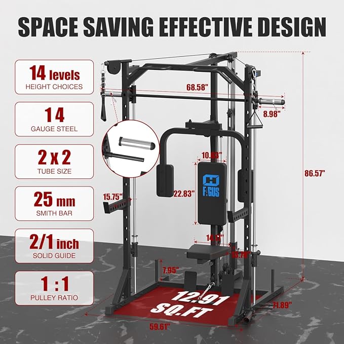 FAGUS Smith Machine Home Gym Power Cage with Pulley System, Space Saving Design Squat Rack with Full Body Strength Training Attachments, PEC Station & Fixed Cable Crossover Optional