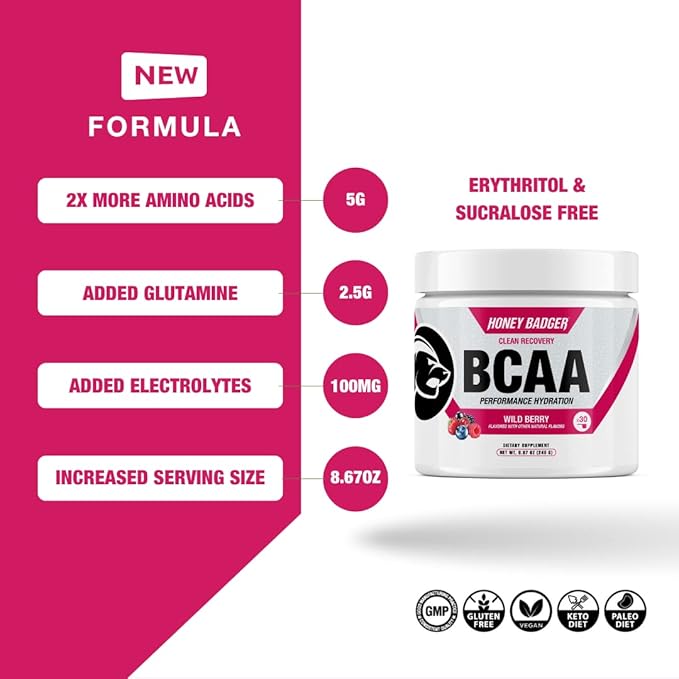 Honey Badger BCAA + EAA Amino Acids Powder, BCAAs + L-Glutamine, Keto, Vegan, Sugar Free for Men & Women, Hydration & Post Workout Muscle Recovery Drink Mix, Wild Berry, 30 Servings