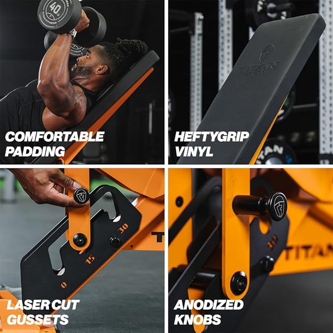 Titan Fitness TITAN Series Adjustable Bench, Supports 600 LB Incline, 1,000 LB Flat, Versatile Single Post Utility Workout Bench for Home Gym, Weightlifting, Strength Training