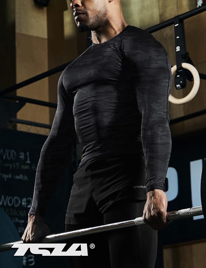 TSLA Men's UPF 50+ Compression Shirts, Cool Dry Long Sleeve Athletic Tops, Sports Baselayer Workout Shirt