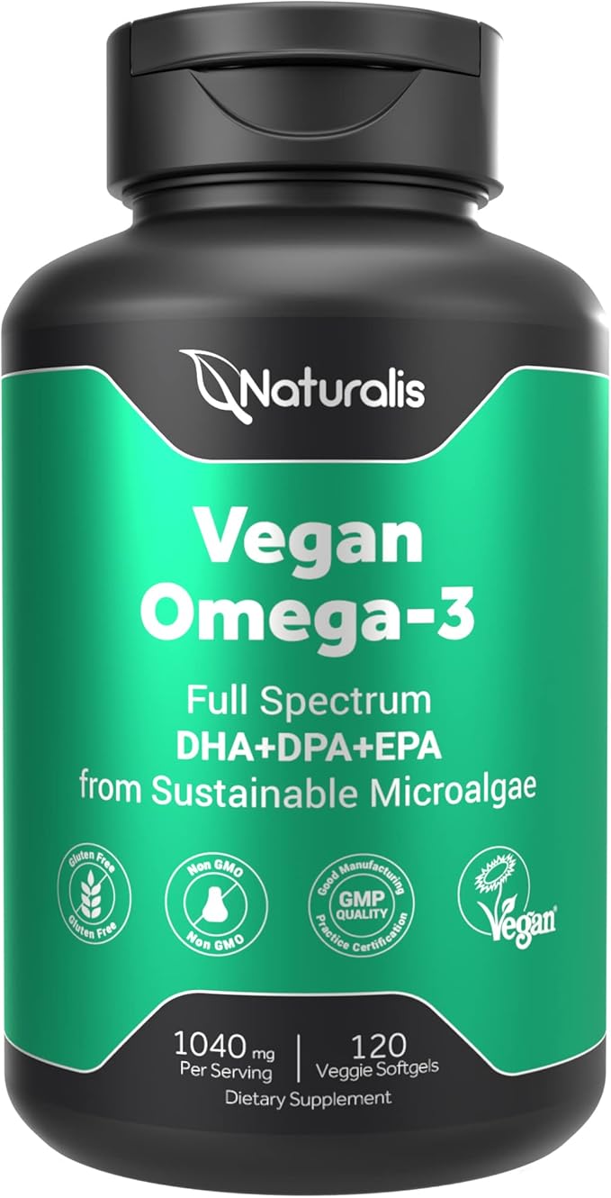 Naturalis Vegan Omega 3 DHA, EPA & DPA from Algae | Vegan Society Certified, Sustainably Sourced, True Full Spectrum | 120 Veggie Softgels (Carrageenan Free)