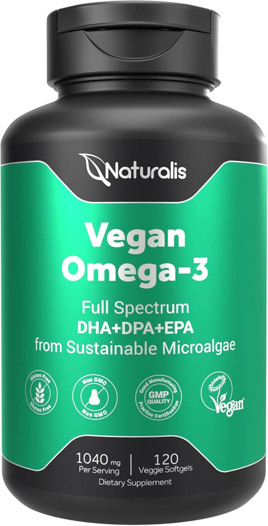 Naturalis Vegan Omega 3 DHA, EPA & DPA from Algae | Vegan Society Certified, Sustainably Sourced, True Full Spectrum | 120 Veggie Softgels (Carrageenan Free)