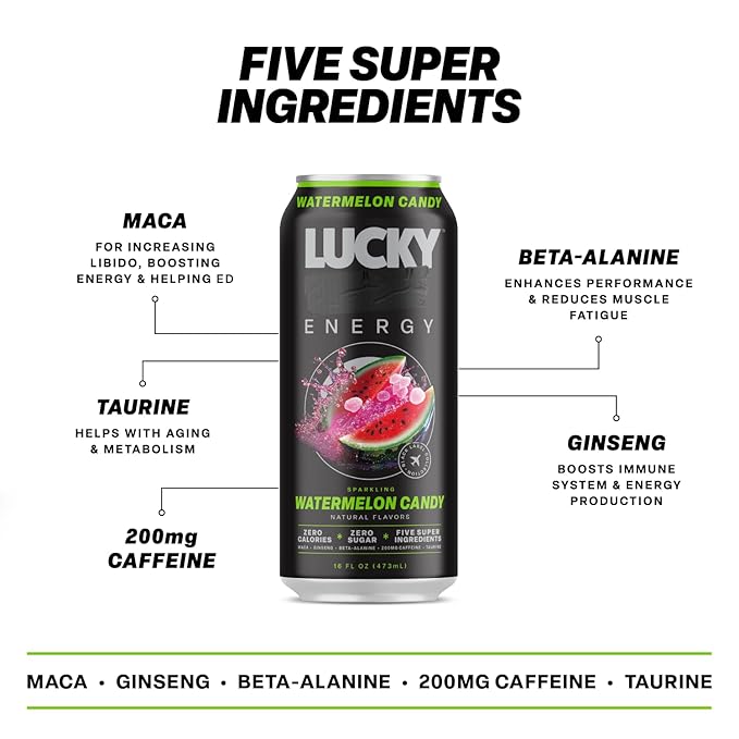 Lucky Energy Sugar Free Energy Drinks, Watermelon Candy, 16oz Cans (12-Pack) Healthy, Zero Sugar Energy Drink with Maca, Ginseng, Beta-Alanine, Taurine & 200mg Caffeine