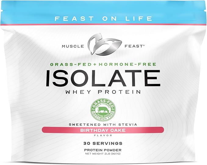 Muscle Feast Grass-Fed Whey Protein Isolate, All Natural Hormone Free Pasture Raised, Whey Isolate Protein Powder for Men and Women, Clean, Gluten-Free, Delicious Isolate Protein - Birthday Cake, 2lb