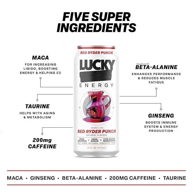 Lucky Energy Sugar Free Energy Drinks 16 Fl Oz Cans (12-Pack) Healthy Energy Drink. Red Ryder Punch with Maca, Ginseng, Taurine, Beta-Alanine, 200mg Caffeine (Packaging may vary).