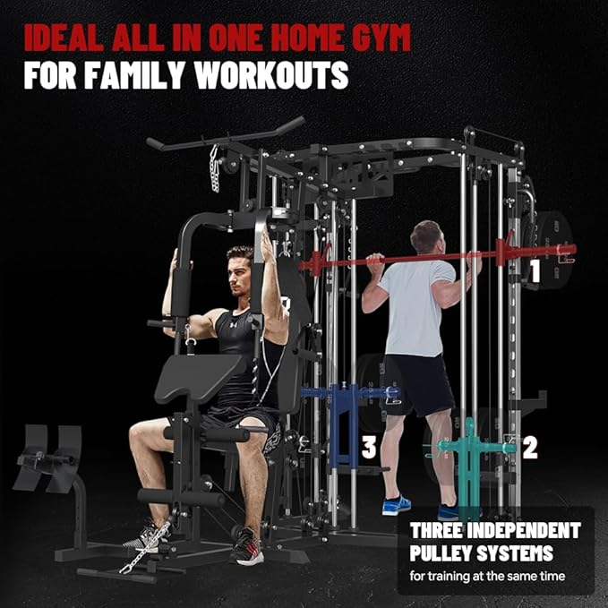 All in One Home Gym System Workout Station, Multi-Function Smithe Machine Power Cage with Cable Crossover System, Tripe-Sided Independent Load Posts, Functional Trainer for Full Body Training