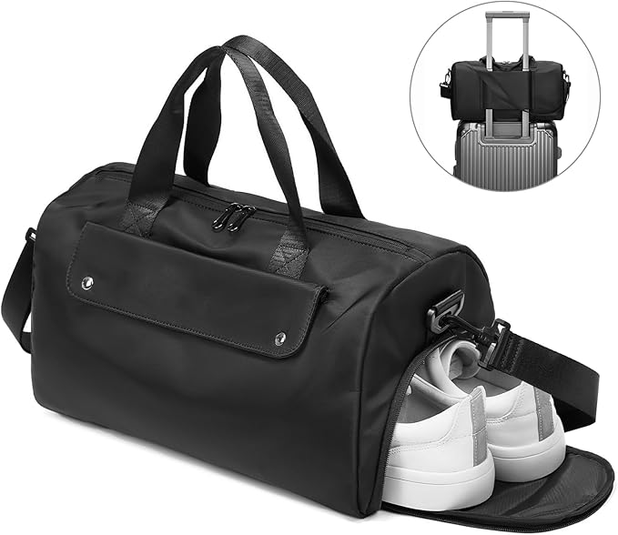 REEYEE Small Gym Bag, Black Waterproof Duffle Bag for Men Women, Cordura Workout Bag with Trolley Sleeve, Duffle Bag for Travel, Sports, Fitness, Training, Yoga, Hospital