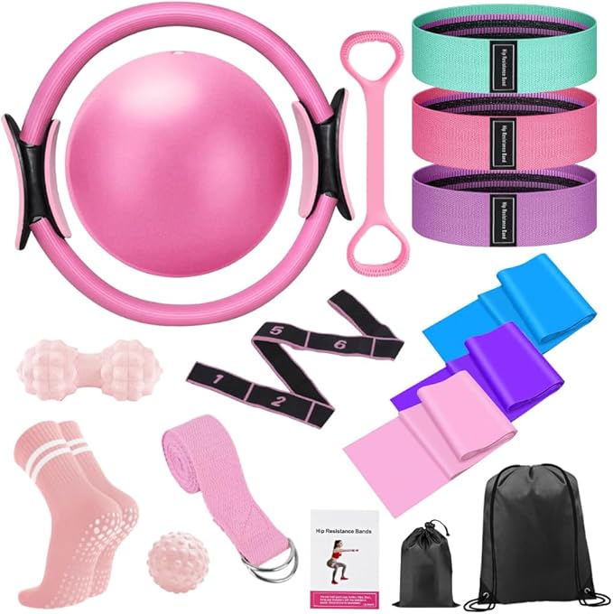 Pro Pilates Ring Set with 16+ Pieces - 14" Anti-Deformation Magic Circle, Resistance Bands, Yoga Ball, Guide & Bag for Home Workouts, Toning & Flexibility (for Women & Men)