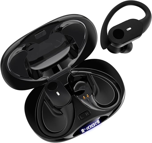 Wireless Earbuds Bluetooth Headphones, 80H Battery with Charging Case, Bluetooth 5.3, Physical Buttons, Real-Time Translation APP, Sport Ear Hooks for Running/Gym/Travel(Black)