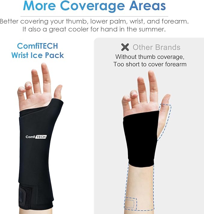 Comfitech Wrist Ice Pack Wrap for Hand, Thumb & Arm with Extended Coverage, Carpal Tunnel Cooling Sleeve for Better Putting On & Off, Cold Gloves Reusable, Large, Two Packs