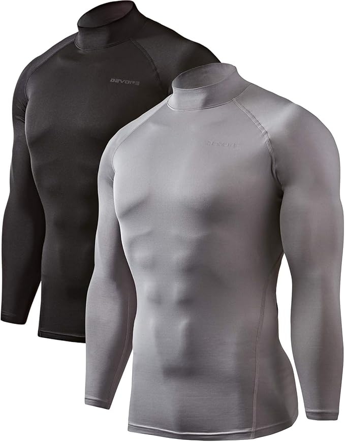 DEVOPS 2 Pack Men's Thermal Turtle Mock Neck Shirts, Compression Long Sleeve Tops and Hoodies