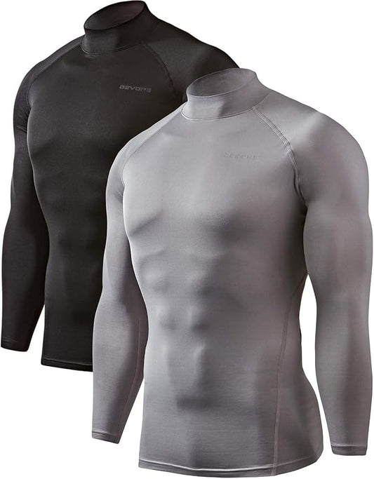DEVOPS 2 Pack Men's Thermal Turtle Mock Neck Shirts, Compression Long Sleeve Tops and Hoodies