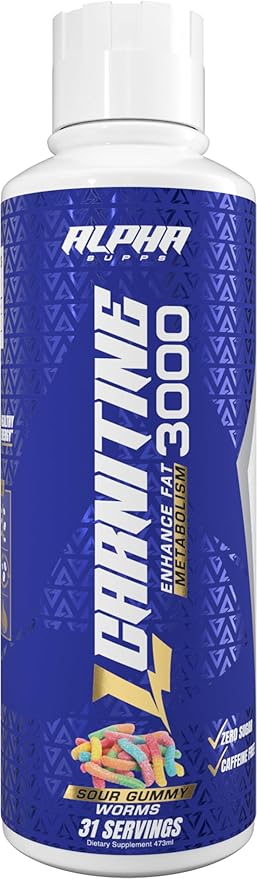 Alpha Supps L Carnitine Liquid 3000 | Stimulant-Free L-Carnitine Supplement for Men & Women | Pre-Workout Energy Boost & Muscle Recovery | Zero Sugar, Fat, & Carbs | 31 Servings (Sour Gummy Worms)