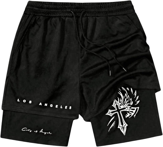 Men's Graphic Shorts with Liner Cross Print Drawstring 2 in 1 Gym Track Bottoms