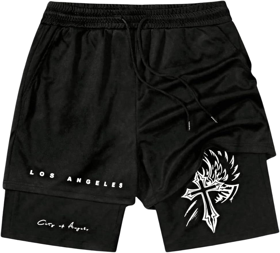 Men's Graphic Shorts with Liner Cross Print Drawstring 2 in 1 Gym Track Bottoms