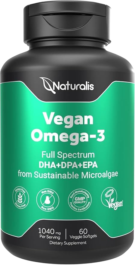 Naturalis Vegan Omega 3 DHA, EPA & DPA from Algae | Vegan Society Certified, Sustainably Sourced, True Full Spectrum | 60 Veggie Softgels (Carrageenan Free)