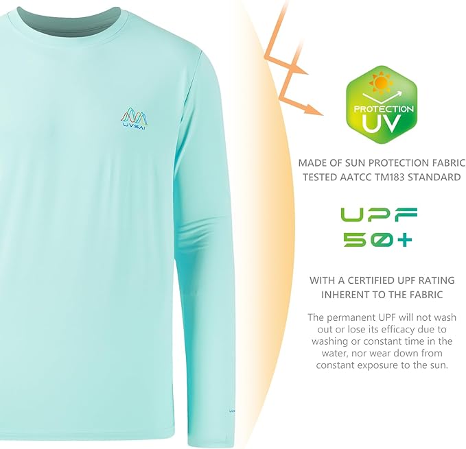 Men’s UPF 50+ Long Sleeve Performance T-Shirts Permanent UV Protective Quick Dry for Everyday Hiking Fishing Beach