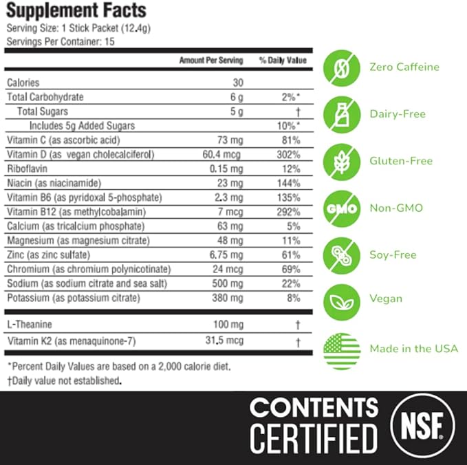 Electrolyte & Vitamin Supplement Powder, Drink Mix with B12, L-Theanine, D3, K2, Zinc, Magnesium, Potassium, Supports Calm Focus & Energy, Lemon Lime, 15 Pack