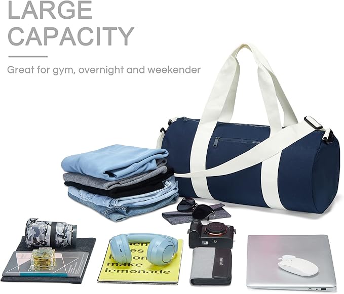 Small Gym Bag Duffel Bag for Women Men Fitness Sports Bag Workout Adjustable Detachable Shoulder Strap Lightweight Carry on Travel Duffle Bag (Navy/Off-White, 19" / Medium / 24L)