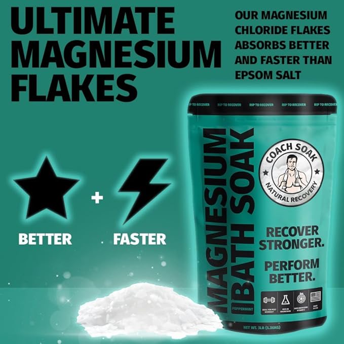 Coach Soak Recovery Bath Soak - Alternative to Epsom Salt Bath Soak - Fast-Absorbing Pure Magnesium Flakes with 21 Minerals, Bath Salts & Essential Oils - 48 oz, Cooling Peppermint