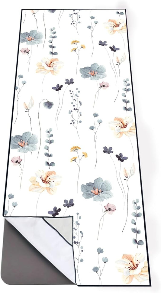 QiyI Floral Yoga Mat Towel with Corner Pockets, Non Slip Sweat Absorbent Hot Yoga Towels, Soft Yoga Blankets with Travel Bag, Mat Cover for Workout, Gym, Fitness - 74"x26", Watercolor Flowers